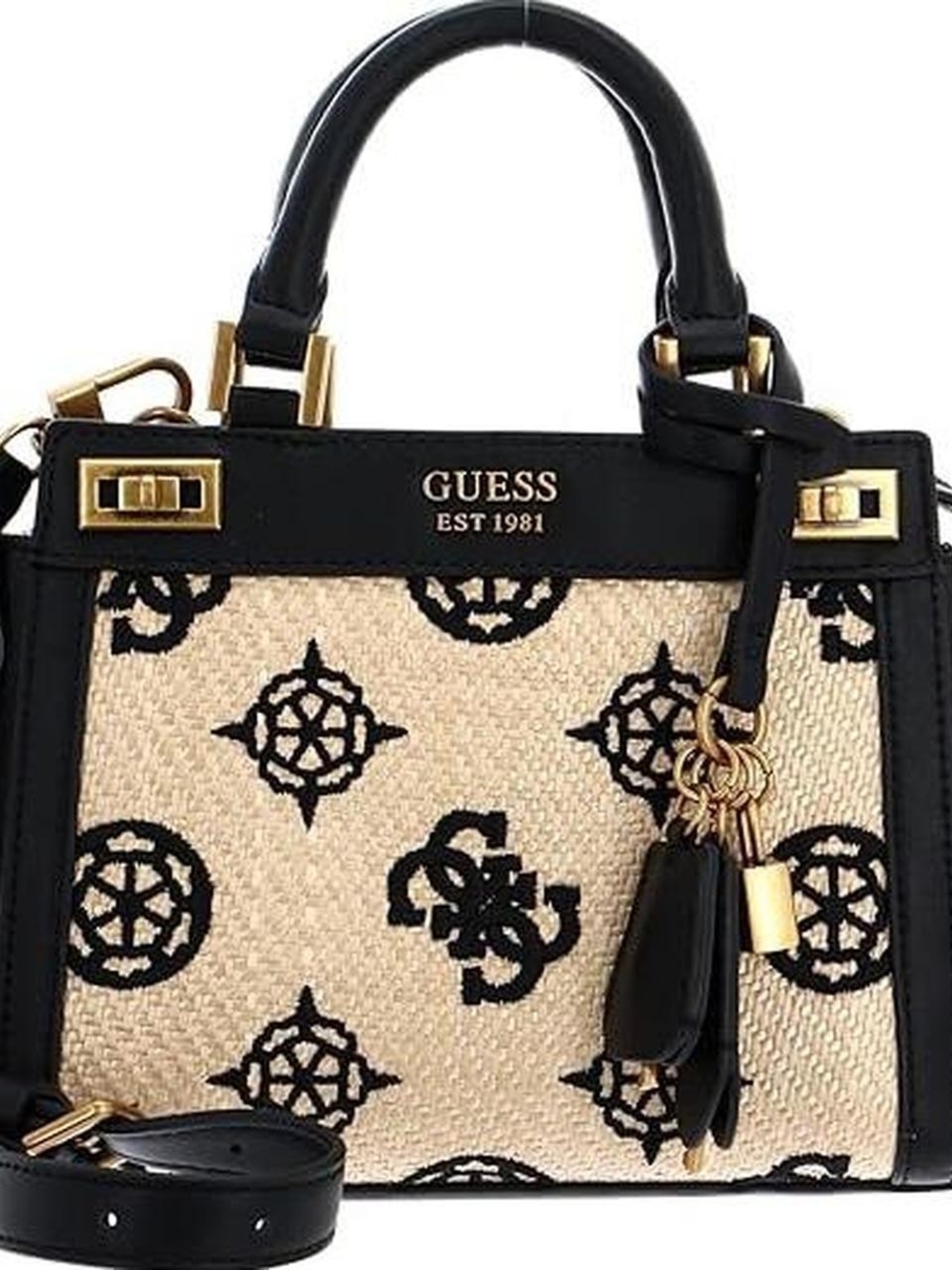 GUESS Black and Cream Logo-Pattern mini satchel